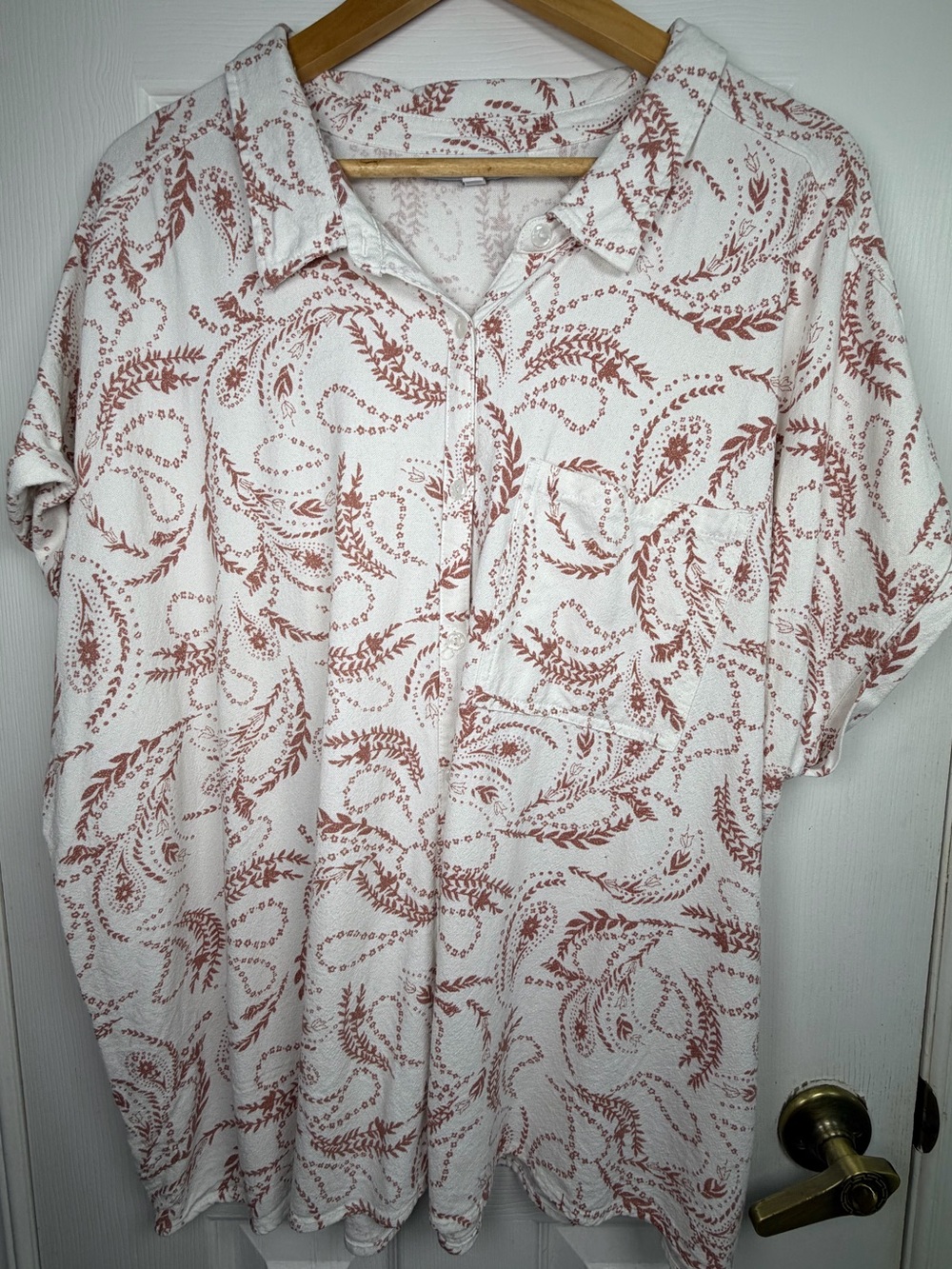 myStyle Cream Rust Leaf Print Linen Blend Button Down Shirt Women's 3X Coastal